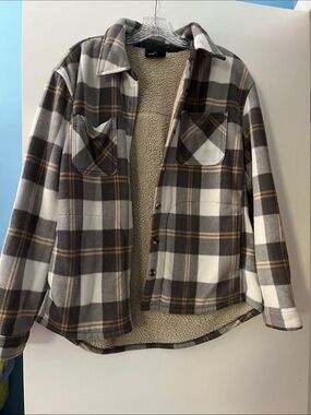 Plush Sherpa-Back Plaid Shacket Jacket - Brown/White